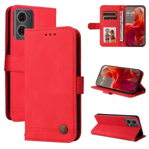 Funda de Cuero Motorola Moto G85/S50 Neo con Botones de Metal y Diseño Árbol de la Vida (Rojo)