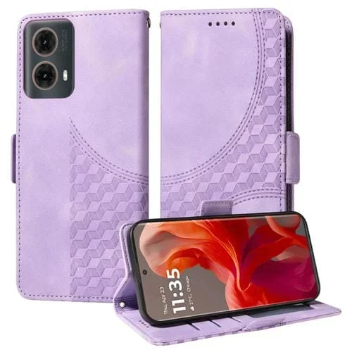Funda de Cuero Motorola Moto G85 S50 Neo con Rombos en Relieve y Estrellas (Morado)