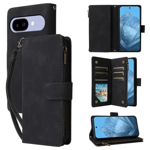 Funda de Cuero Multifuncional para Google Pixel 9A con Múltiples Tarjetas (Negra)