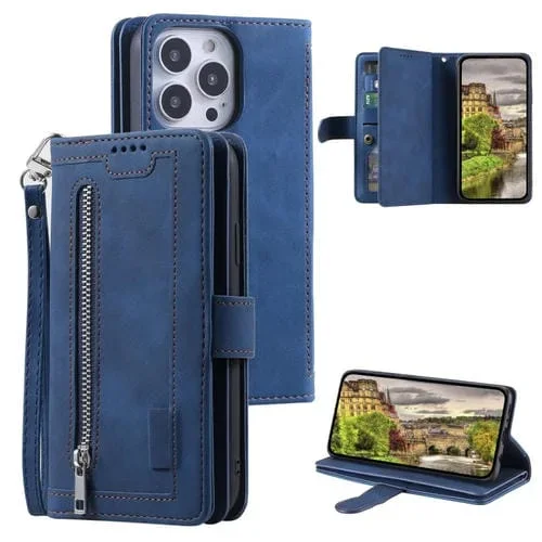 Funda de Cuero Nine Card Zipper Bag para iPhone 15 Pro Max con Cordón (Azul)