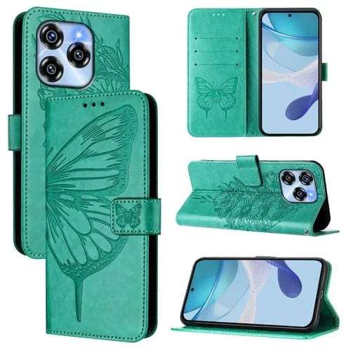 Funda de Cuero Oukitel C50 Diseño Mariposa En Relieve (Verde)