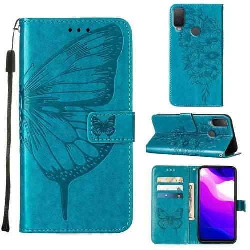 Funda de Cuero para Alcatel 1L 2021 con Mariposa en Relieve (Azul)