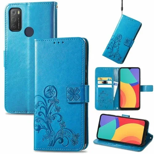 Funda de Cuero para Alcatel 1S 2021 con Cierre de Cuatro Hojas, Hebilla, Cordón, Ranura para Tarjeta y Soporte (Azul)