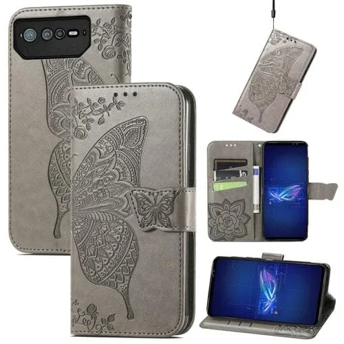 Funda de Cuero para Asus Rog Phone 6 Butterfly Love Flower con Tapa en Relieve (Gris)