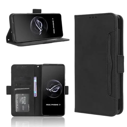 Funda de Cuero para Asus Rog Phone 7 con Skin Feel, Textura Becerro y Ranuras para Tarjetas (Negro)