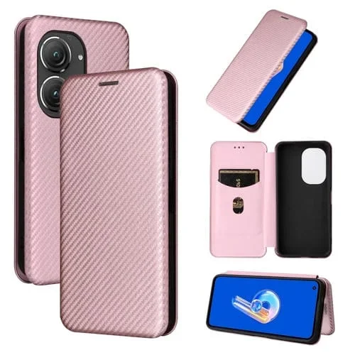 Funda de Cuero para Asus Zenfone 9 con Textura de Fibra de Carbono (Rosa)