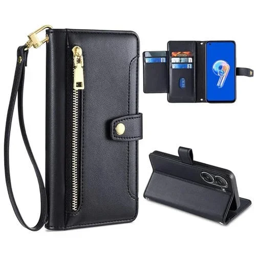 Funda de Cuero para Asus Zenfone 9 y Zenfone 9Z con Textura Sheep, Cross-Body y Zipper (Negro)