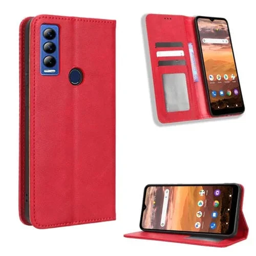 Funda de Cuero para At&T Motivate Max U668Aa y Cricket Ovation 3 con Hebilla Magnética y Textura Retro (Rojo)
