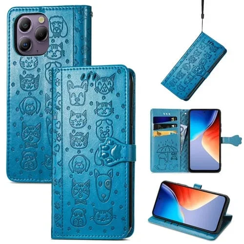Funda de Cuero para BlackView A96 con Relieve Perros y Gatos (Azul)