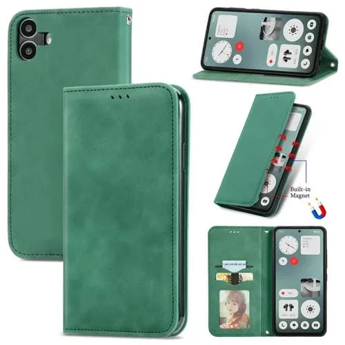 Funda de Cuero para cmf Phone 1 con Tapa Magnética y Tacto Retro (Verde)