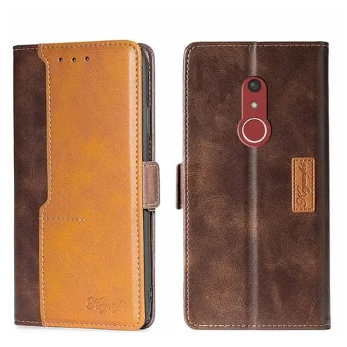 Funda de Cuero para Fujitsu Arrow Be4 Plus F-41B con Hebilla Lateral (Marrón Oscuro + Dorado)