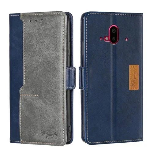 Funda de Cuero para Fujitsu Arrows F-52B con Hebilla Lateral Contraste (Azul + Gris)