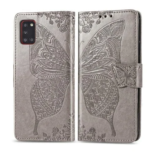Funda de Cuero para Galaxy A31 Butterfly Love Flower con Tapa Horizontal, Soporte, Ranura para Tarjeta, Billetera y Cordón (Gris)