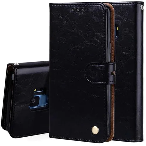 Funda de Cuero para Galaxy S9 con Tapa Horizontal Textura Cera de Aceite Soporte Ranuras para Tarjetas y Billetera (Negro)