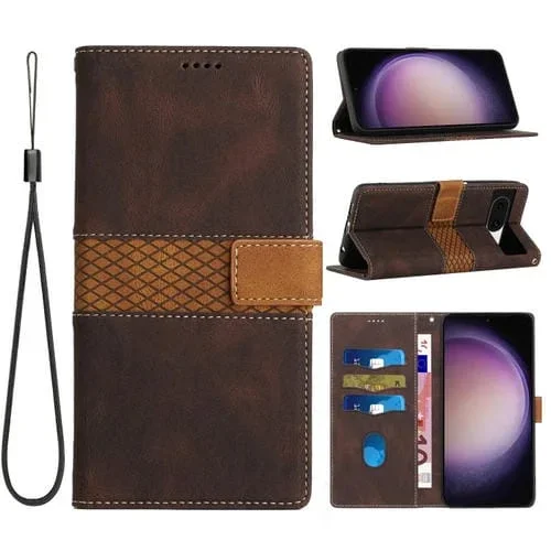 Funda de Cuero para Google Pixel 8A con Costuras de Cuadrícula y Cordón (Marrón)