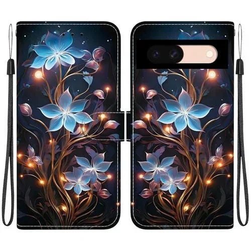 Funda de Cuero para Google Pixel 8A con Dibujo de Colores y Textura de Cristal (Flor de Linterna Pequeña)