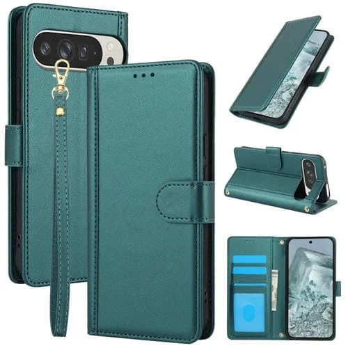 Funda de Cuero para Google Pixel 9/9 Pro con Ranuras para Tarjetas y Doble Cordón (Verde)