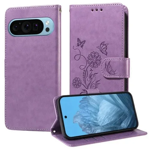 Funda de Cuero para Google Pixel 9 y 9 Pro con Diseño de Mariposas y Flores en Relieve (Morado)