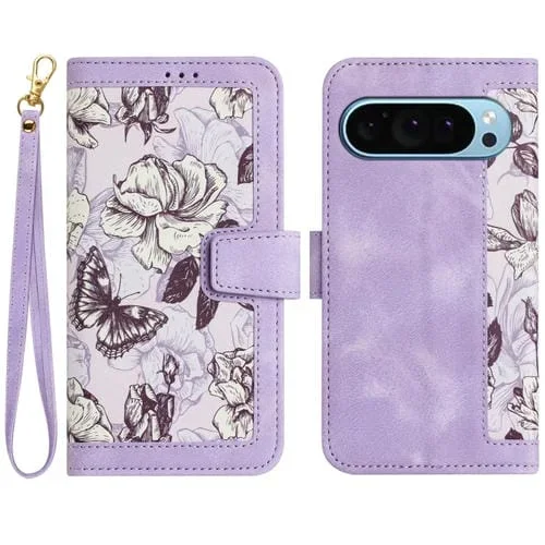 Funda de Cuero para Google Pixel 9 y 9 Pro con Estampado Floral y Cordón (Morado Claro)