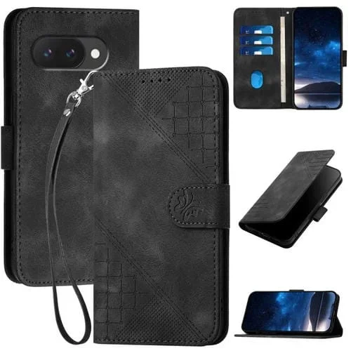 Funda de Cuero para Google Pixel 9A con Estampado de Mariposas en Relieve y Cordón (Negro)