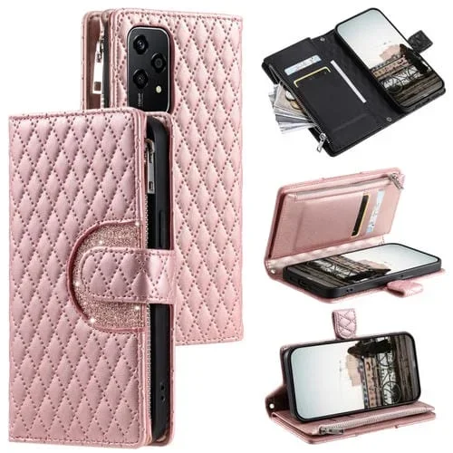 Funda de Cuero para Honor 200 Lite Glitter Lattice Zipper Wallet para Teléfono (Oro Rosa)