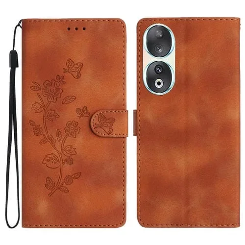 Funda de Cuero para Honor 90 con Estampado de Mariposa y Flores (Marrón)