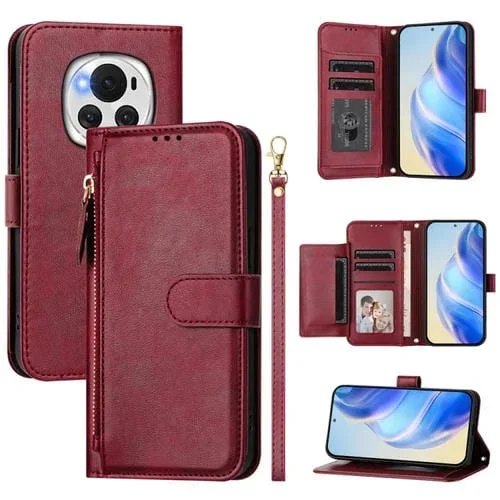 Funda de Cuero para Honor Magic6 5G con Cremallera y Ranuras para Tarjetas (Rojo Oscuro)