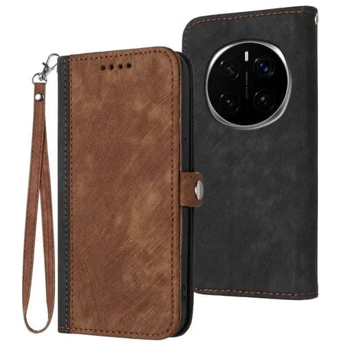 Funda de Cuero para Honor Magic7 Pro con Correa de Mano y Hebilla Lateral Doble Plegable (Marrón)