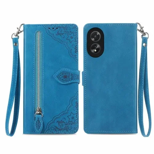Funda de Cuero para Honor X5 Plus con Cremallera y Flores en Relieve (Azul)