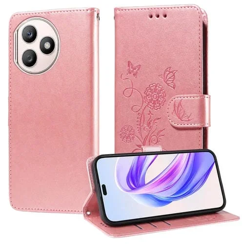 Funda de Cuero para Honor X50I+ con Diseño de Mariposas y Flores en Relieve (Oro Rosa)