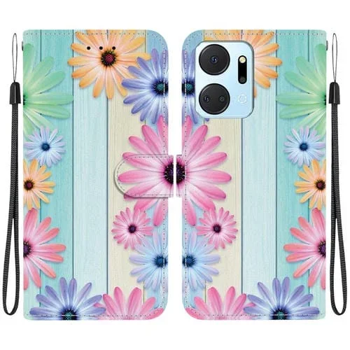 Funda de Cuero para Honor X7A con Dibujo de Girasoles y Textura de Cristal