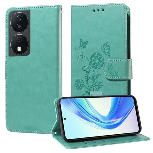 Funda de Cuero para Honor X7B 5G/4G/90 Smart 5G con Diseño de Mariposas y Flores en Relieve (Verde)