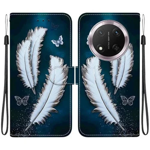 Funda de Cuero para Honor X9C con Dibujo de Colores y Textura de Cristal (Plumas de Mariposa Blancas)