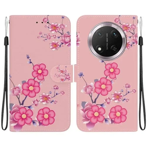 Funda de Cuero para Honor X9C con Dibujo Flores de Cerezo y Textura de Cristal