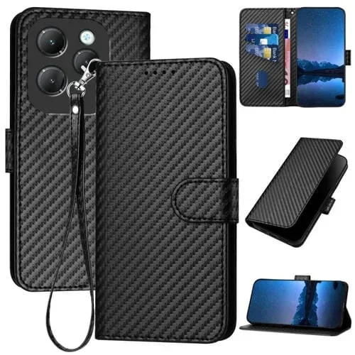 Funda de Cuero para Infinix Hot 40 / Hot 40 Pro 4G Yx0070 con Hebilla de Fibra de Carbono y Cordón (Negro)