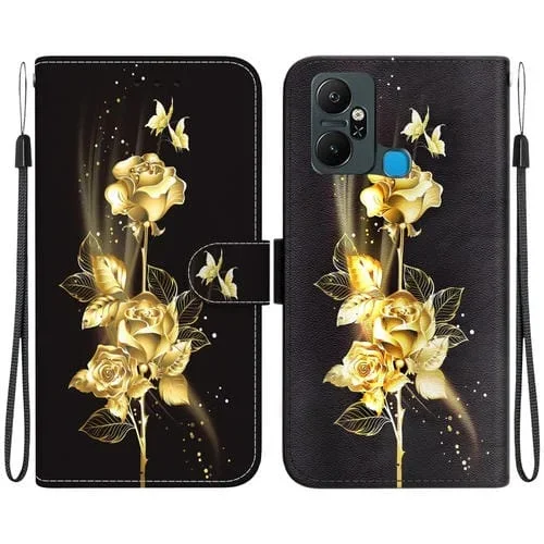 Funda de Cuero para Infinix Smart 6 Plus con Dibujo Coloreado y Textura de Cristal (Mariposa Dorada Rosa)