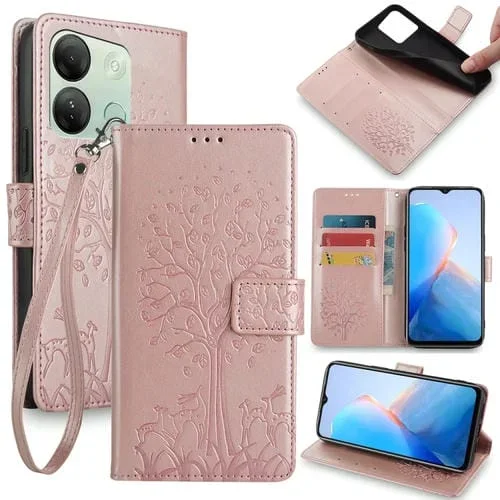 Funda de Cuero para Infinix Smart 7 HD con Relieve de Árbol y Ciervo (Oro Rosa)