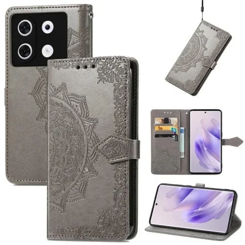 Funda de Cuero para Infinix Zero 30 4G con Relieve de Flor de Mandala (Gris)