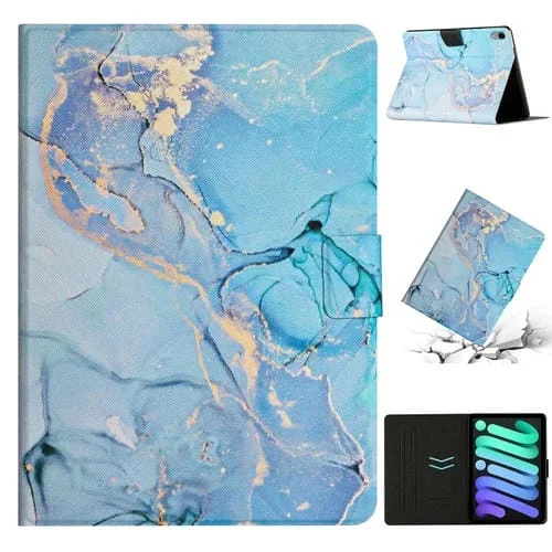 Funda de Cuero para iPad 2025/2022 con Patrón de Mármol (Azul)