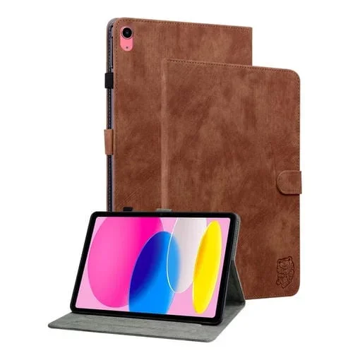 Funda de Cuero para iPad 2025/2022 con Tapa y Diseño de Tigre (Marrón)