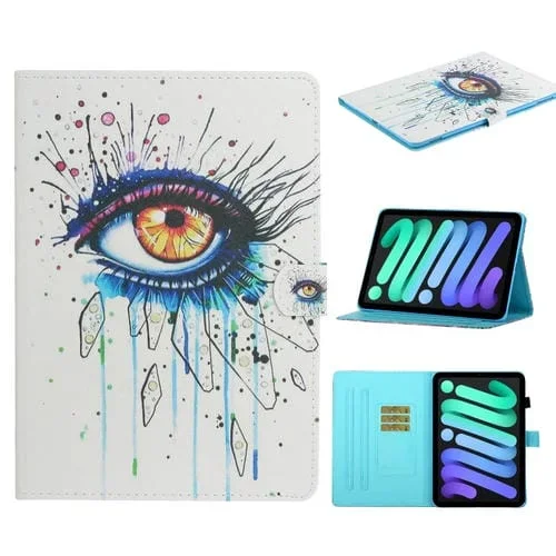 Funda de Cuero para iPad 2025/2022 con Tapa y Patrón de Dibujo de Colores (Ojos)