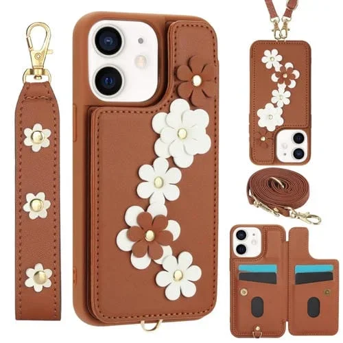 Funda de Cuero para iPhone 11 con Estampado de Flores Cruzadas (Marrón)