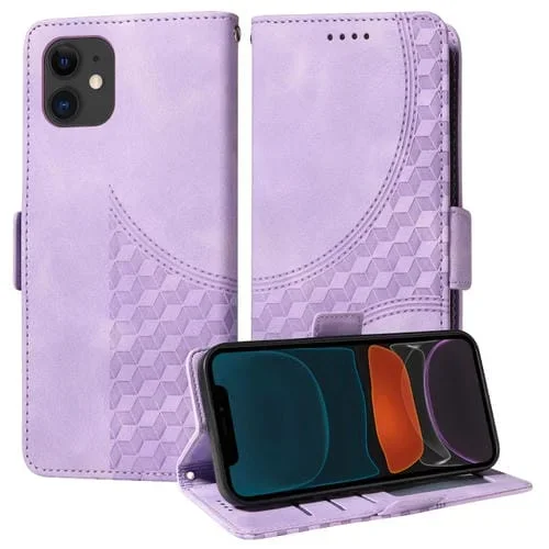 Funda de Cuero para iPhone 11 con Rombos en Relieve y Estrellas (Morado)