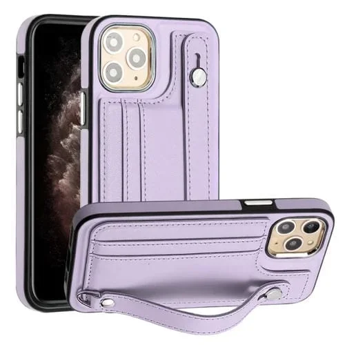 Funda de Cuero para iPhone 11 Pro a Prueba de Golpes con Correa para la Muñeca (Púrpura)
