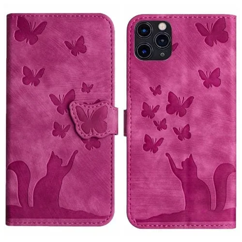 Funda de Cuero para iPhone 11 Pro Max Butterfly Cat con Tapa en Relieve (Rosa)