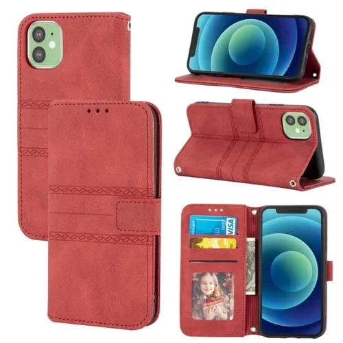 Funda de cuero para iPhone 11 Pro Max con hebilla magnética, tapa horizontal, soporte, ranura para tarjeta, billetera, marco de fotos y correa (Rojo)