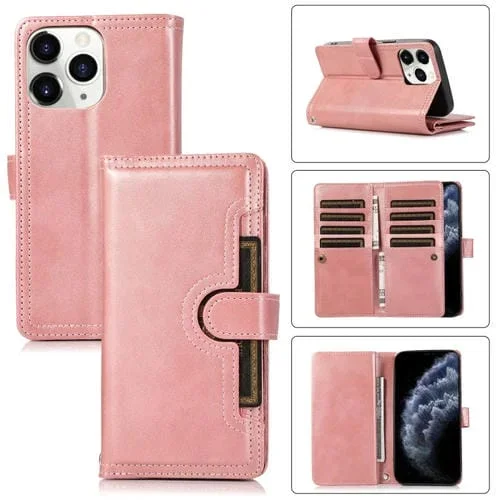Funda de Cuero para iPhone 11 Pro Max con Ranura para Tarjeta y Pulsera (Oro Rosa)