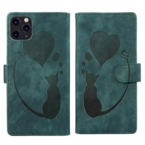 Funda de Cuero para iPhone 11 Pro Max Pen Heart Cat En Relieve (Verde)