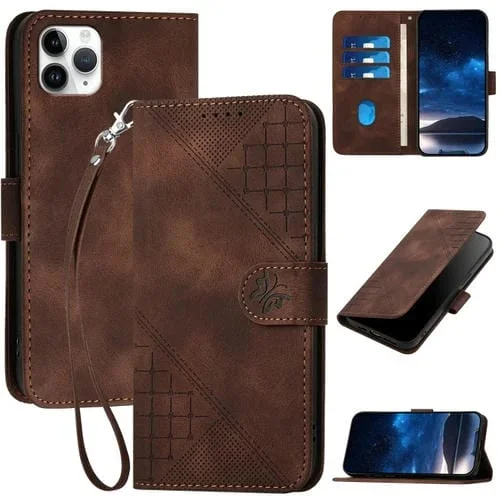 Funda de Cuero para iPhone 11 Pro Max Yx0080 con Tapa Patrón Mariposas Cuadrícula y Cordón (Café)