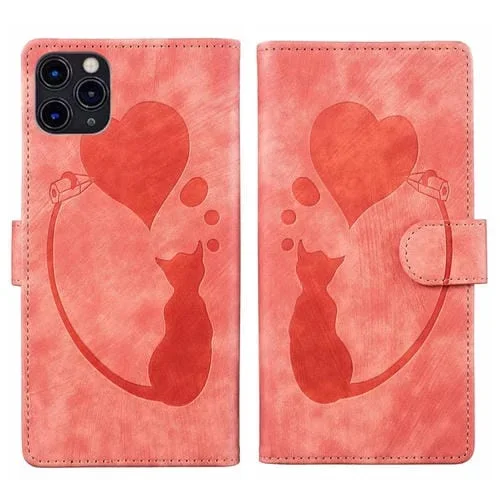 Funda de Cuero para iPhone 11 Pro Pen Heart Cat En Relieve (Naranja)